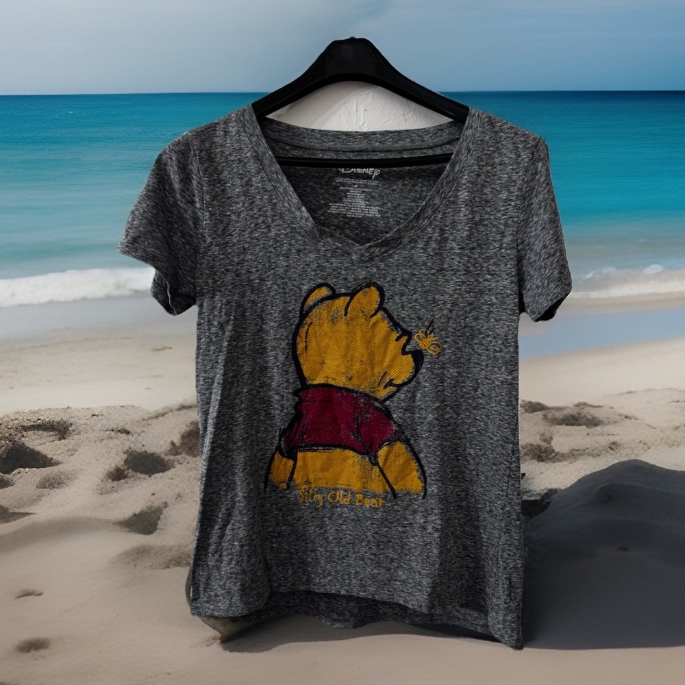 Winnie the Pooh Silly Old Bear‎ Women M T-Shirt Grey Chic Distressed